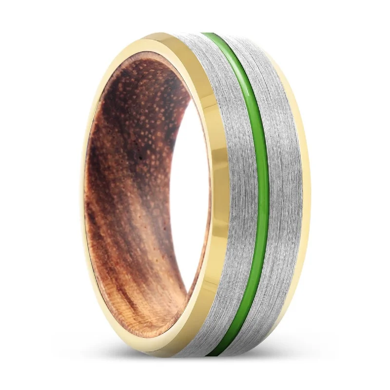 stackable gemstone rings for women-PARAGON | Zebra Wood, Silver Tungsten Ring, Green Groove, Gold Beveled Edge