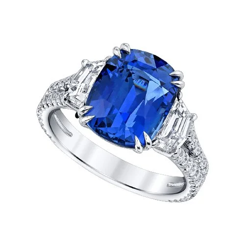 large diamond engagement rings-Split Shank Blue Sapphire Cushion Cut Three Stone Engagement Ring