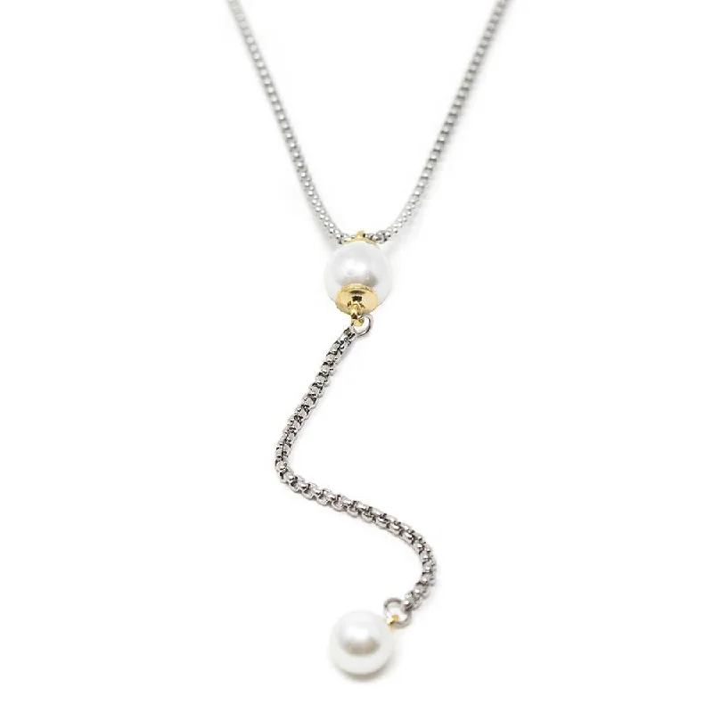 silver heart necklaces for women-Two Tone Necklace Two Pearls Drop