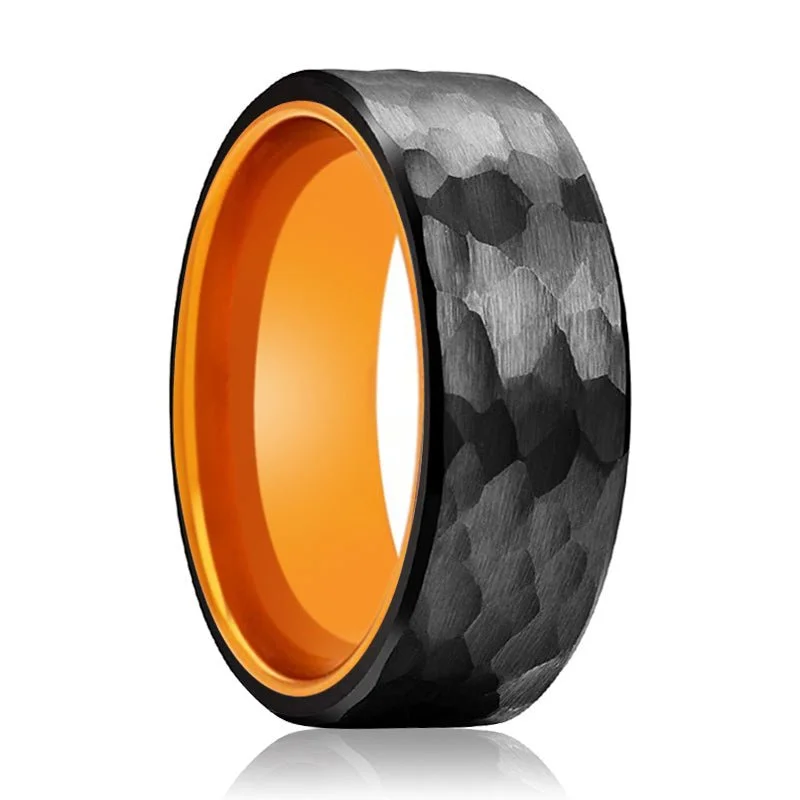 birthstone wedding rings for women-APRICOT | Orange Ring, Black Tungsten Ring, Hammered, Flat