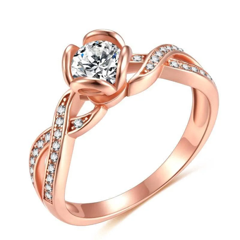 unique engagement rings-Round Cut Created Diamond Flower Cross Twist Engagement Ring