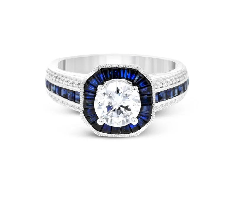 designer solitaire engagement rings-Simon G. Diamond and Blue Sapphire Halo Setting