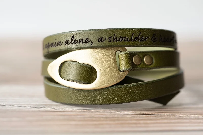 cuff bangles for women-Engraved Leather Bracelet | Olive Green + Antique Brass | Quotes Love Affirmations | Handmade Gift | Personalized For Her For Him