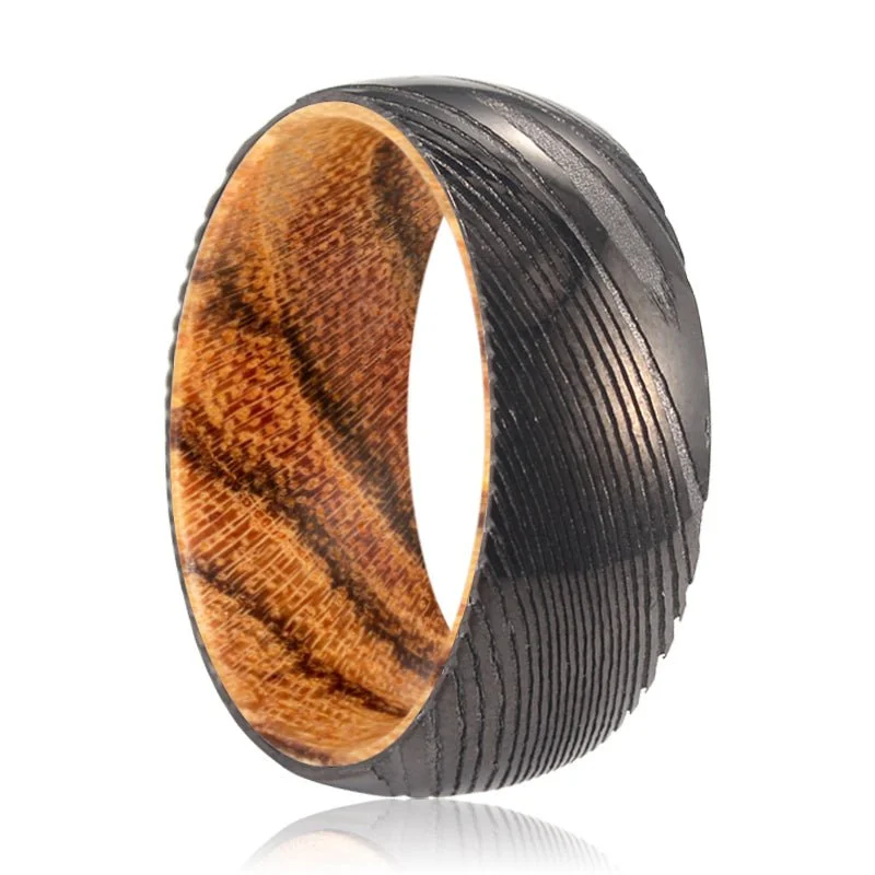 cocktail rings for women-SMORE | Bocote Wood, Gunmetal Damascus Steel Ring, Domed