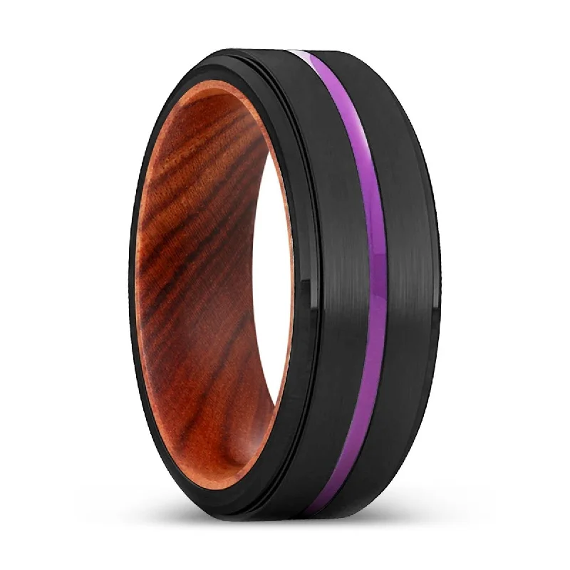 promise wedding rings for women-BOWRAL | IRON Wood, Black Tungsten Ring, Purple Groove, Stepped Edge