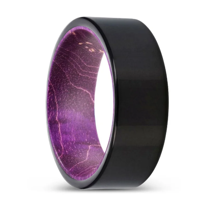 romantic promise rings for women-MULBERRY | Purple Wood, Black Tungsten Ring, Shiny, Flat