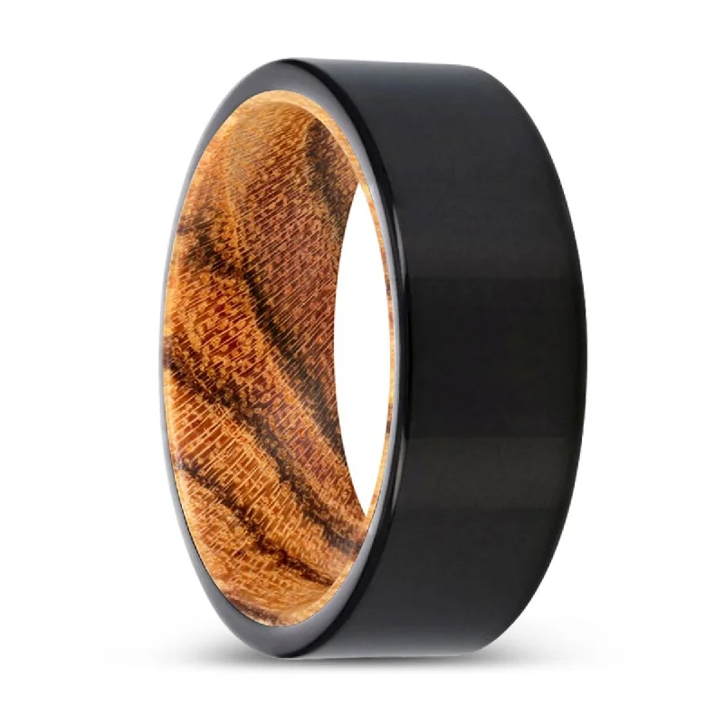 personalized rings for women-TORRINE | Bocote Wood, Black Tungsten Ring, Shiny, Flat