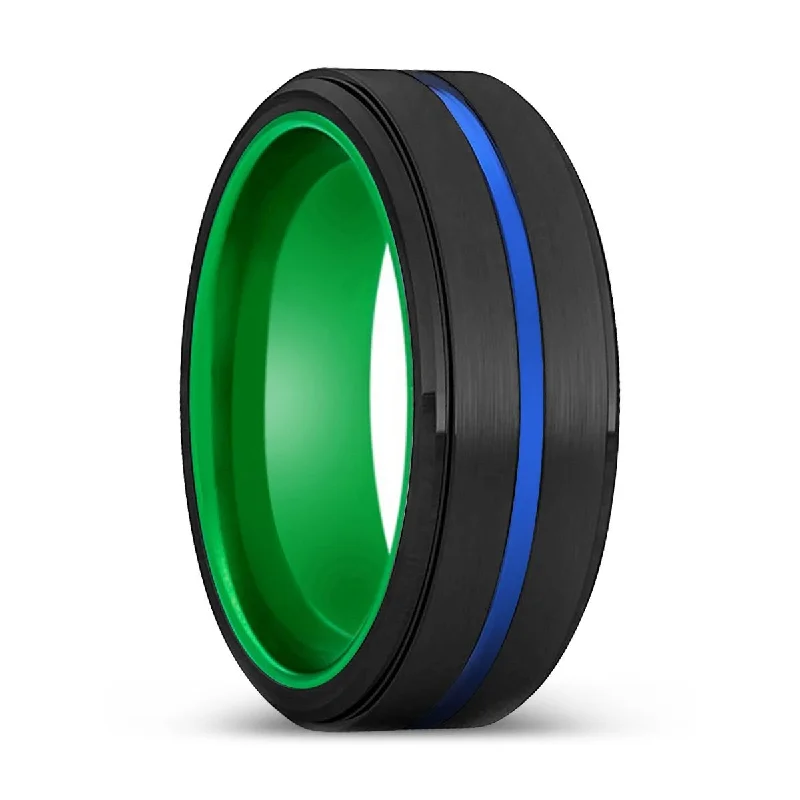 gemstone rings for women-HALBERD | Green Ring, Black Tungsten Ring, Blue Groove, Stepped Edge