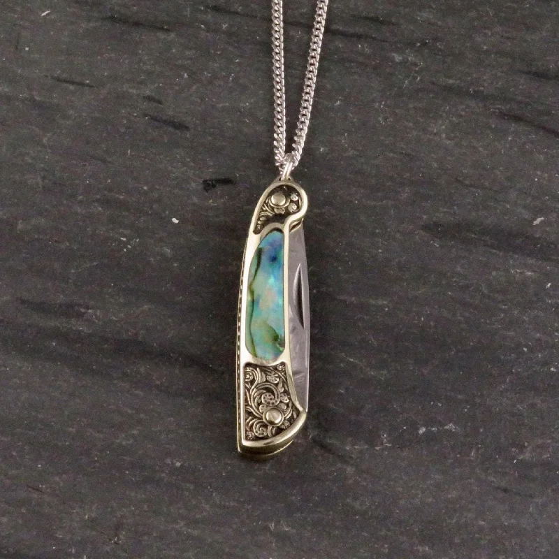 sterling silver necklaces for women-Etched Brass Abalone Knife Necklace