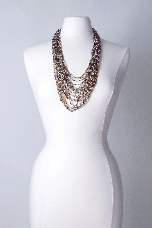 luxury designer necklaces for women-Cascading Necklace in Brown/Copper/Cream  Seed Beads