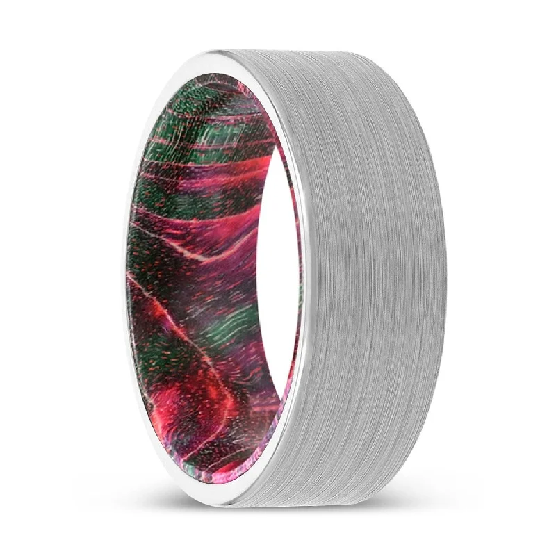 diamond wedding bands for women-DIEGO | Green & Red Wood, White Tungsten Ring, Brushed, Flat