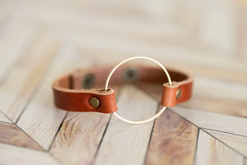 charm bangles for women-Leather + Brass Bracelet Cuff | Boho Circle Bracelet | English Tan + Brass | Customize Adjustable Handmade Jewelry