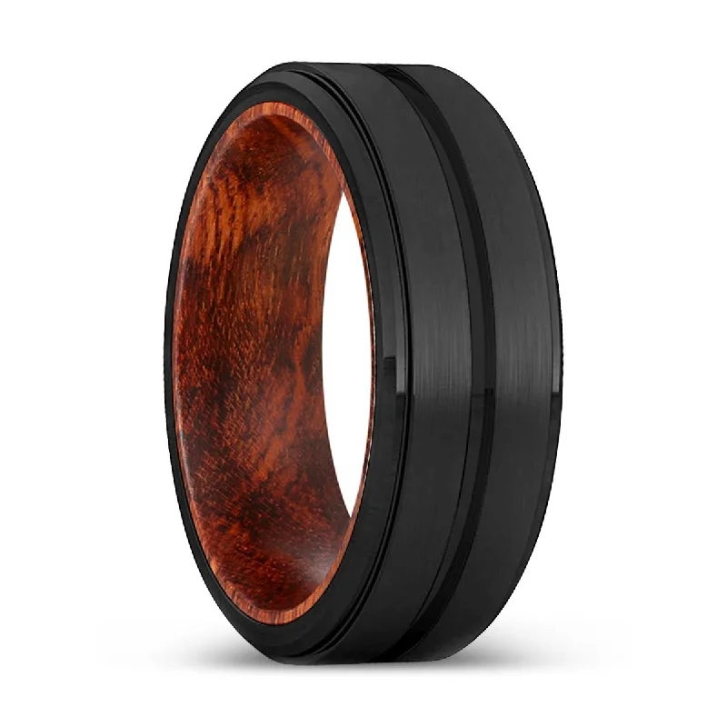 heart-shaped rings for women-ASHTON | Snake Wood, Black Tungsten Ring, Grooved, Stepped Edge