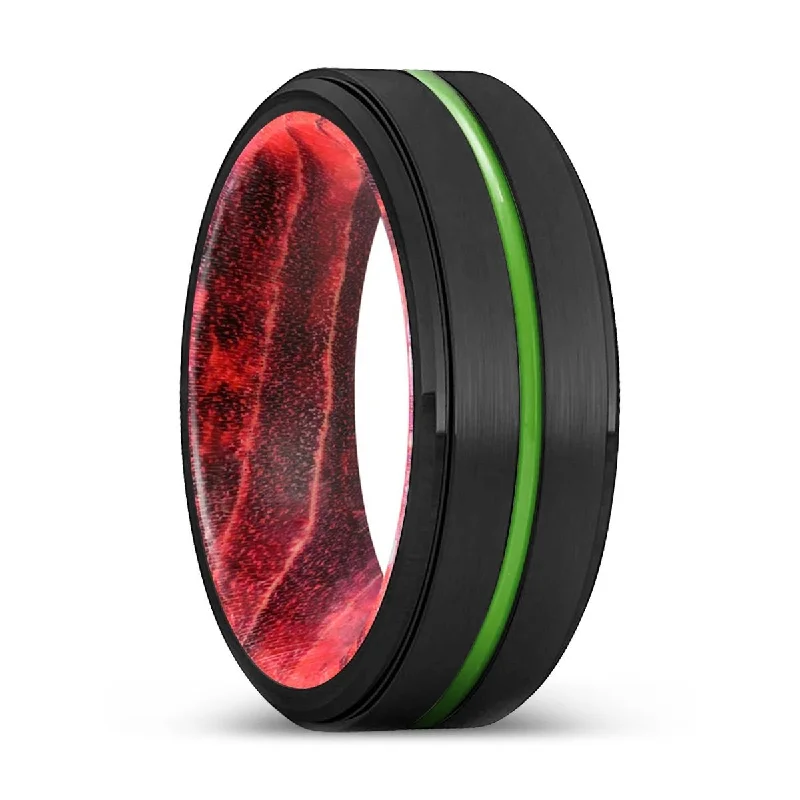 art deco rings for women-JOLIET | Black & Red Wood, Black Tungsten Ring, Green Groove, Stepped Edge