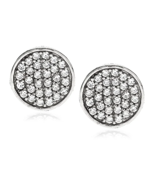 elegant dangly earrings for women-Men's Sterling Silver Crystal CZ Round Stud Earrings