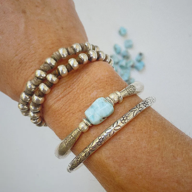 multi-row bangles for women-LARIMAR CRESCENT MOON FLOWER BRACELET