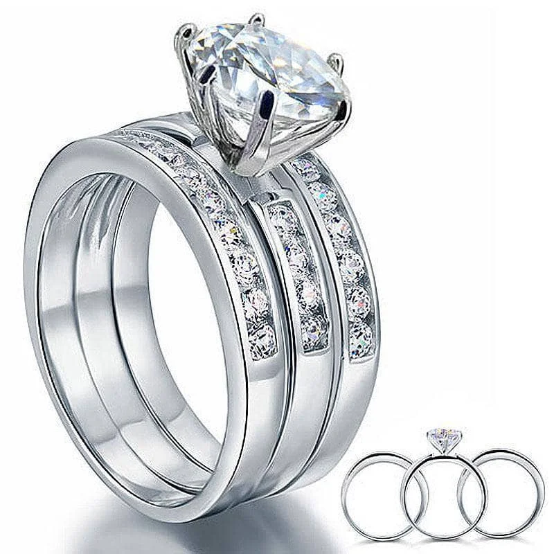 3-stone engagement rings-2 Ct Created Diamond Wedding Engagement Ring Set 3-Pcs