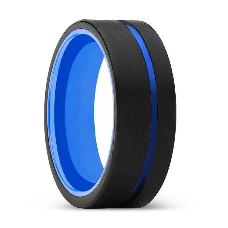 luxury gold rings for women-SKIPPER | Blue Ring, Black Tungsten Ring, Blue Offset Groove, Flat