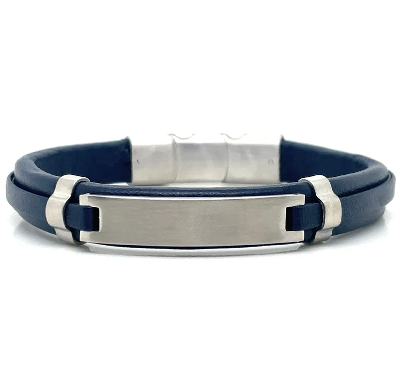 diamond-studded bangles for women-Gents Navy And Stainless Steel Leather ID Bracelet