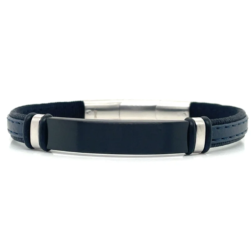 layered bangles for women-Gents Blue Leather And Stainless Steel Matte ID Bracelet