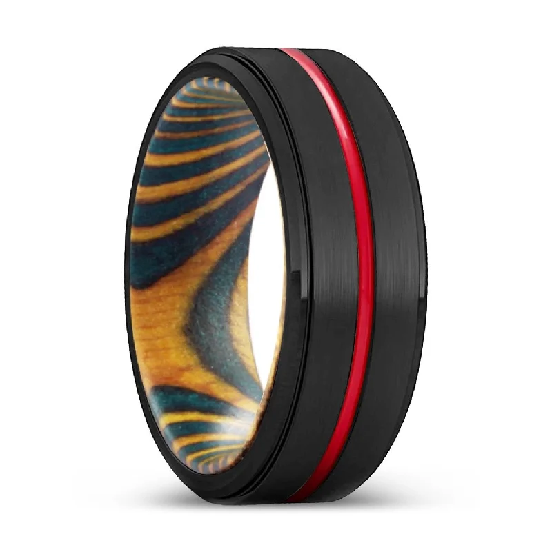 custom-made rings for women-CHUCK | Green & Yellow Wood, Black Tungsten Ring, Red Groove, Stepped Edge