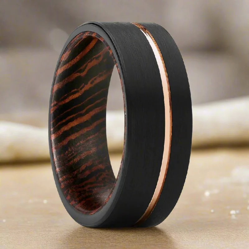 gemstone solitaire rings for women-AEON | Wenge Wood, Black Tungsten Ring, Rose Gold Offset Groove, Brushed, Flat