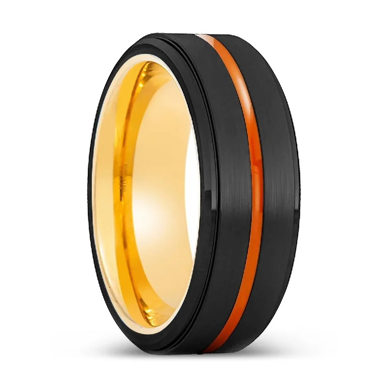 high-end engagement rings for women-AURORA | Gold Ring, Black Tungsten Ring, Orange Groove, Stepped Edge