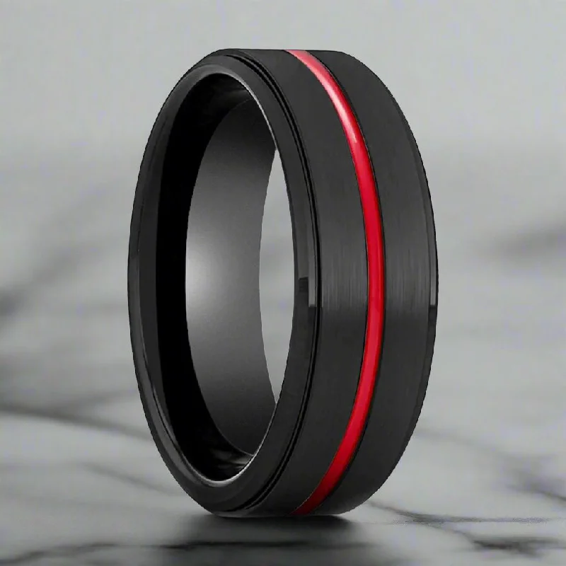 unique engagement rings for women-BATMOBILE | Black Ring, Black Tungsten Ring, Red Groove, Stepped Edge