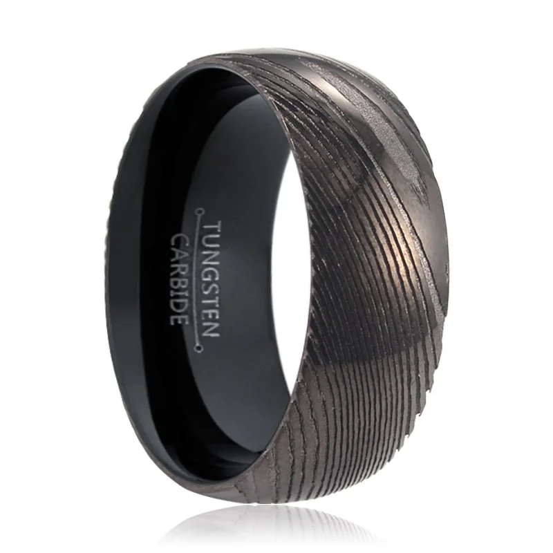 contemporary rings for women-JACKAL | Black Ring, Gunmetal Damascus Steel Ring, Domed