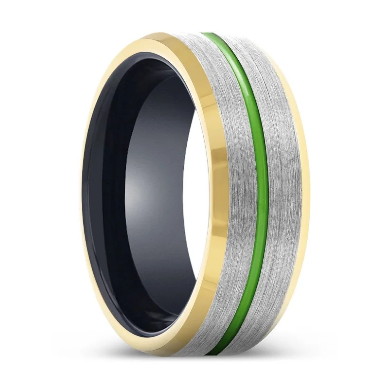 rings for women-SKYMAGE | Black Ring, Silver Tungsten Ring, Green Groove, Gold Beveled Edge