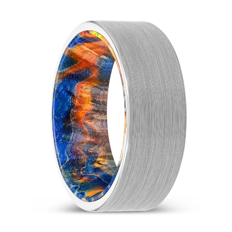 contemporary rings for women-KAYLAN | Blue & Yellow/Orange Wood, White Tungsten Ring, Brushed, Flat