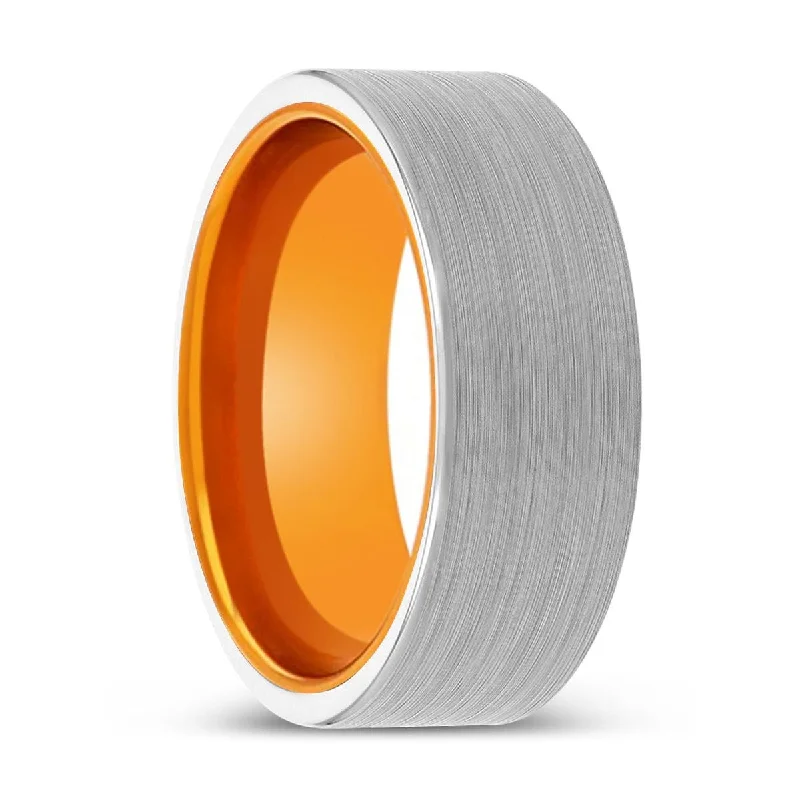 wedding bands for women-INSPECTAH | Orange Ring, White Tungsten Ring, Brushed, Flat