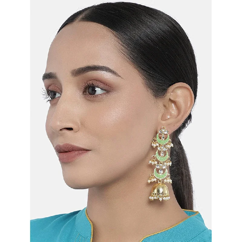 hoop earrings for women-Etnico 18K Gold Plated 3 Layered Long Jhumki Earrings With Mint Enamel Glided With Kundans & Pearls (E2788Min)