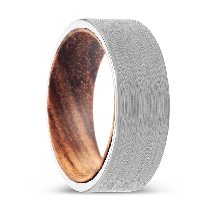 vintage rings for women-MONTOYA | Zebra Wood, White Tungsten Ring, Brushed, Flat