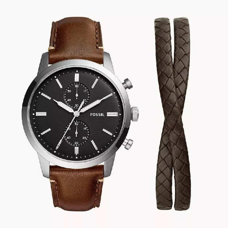 ethnic bangles for women-Fossil Townsman Chronograph Brown LiteHide Leather Watch and Bracelet Set