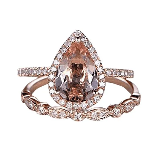 unique diamond engagement rings-3.0ct Halo Pear Cut Synthetic Morganite Wedding Ring Set