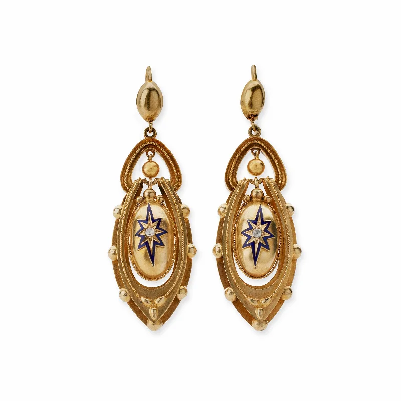 beautiful hoop earrings for women-1870s Gold and Enamel Star Pendant Earrings