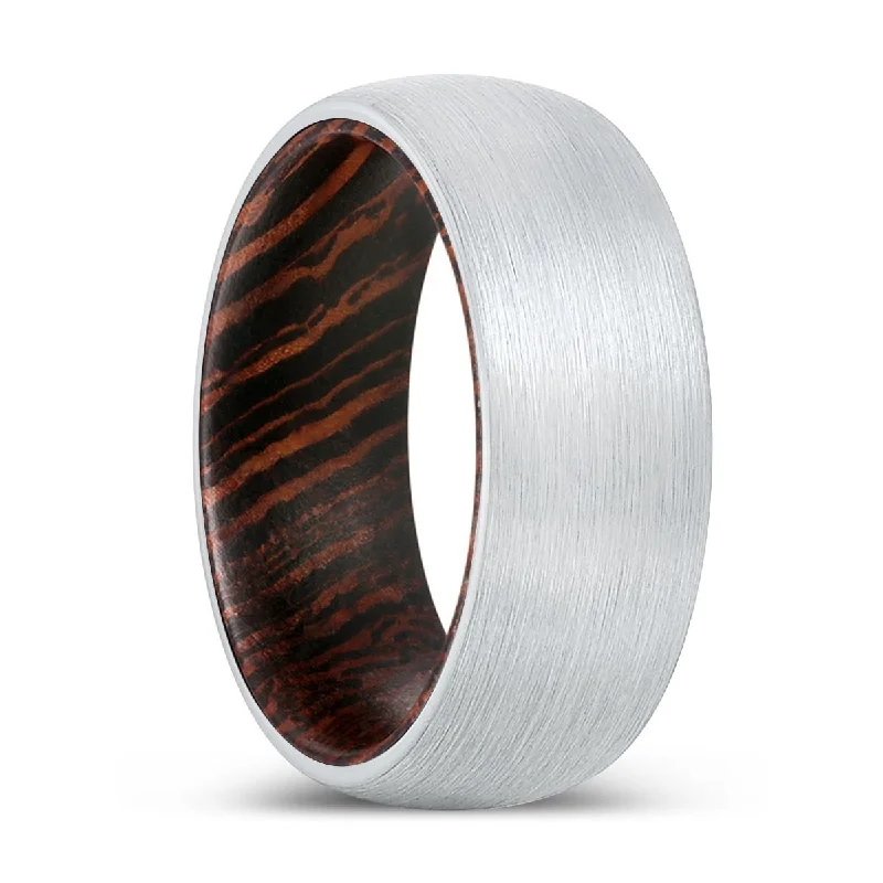 chic wedding bands for women-AMBITION | Wenge Wood, White Tungsten Ring, Brushed, Domed