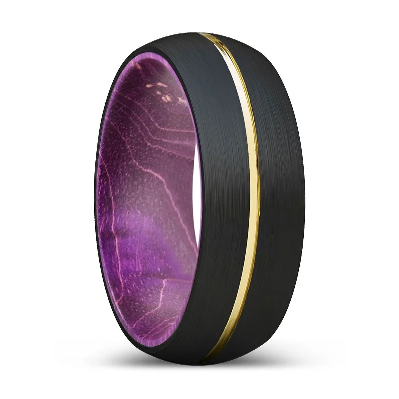 romantic rings for women-AKRABO | Purple Wood, Black Tungsten Ring, Gold Groove, Domed