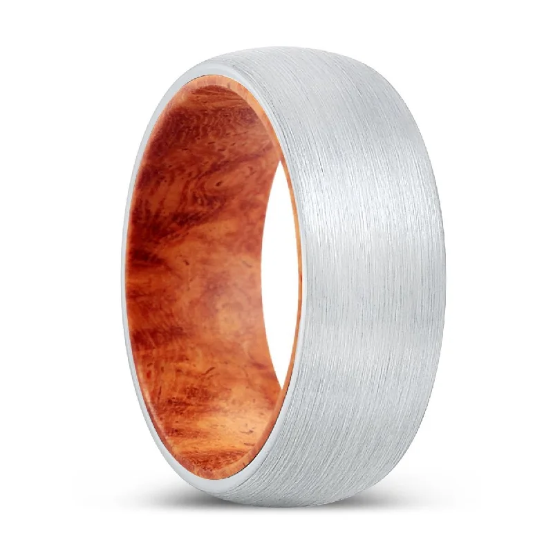 silver rings for women-CHAOS | Red Burl Wood, White Tungsten Ring, Brushed, Domed