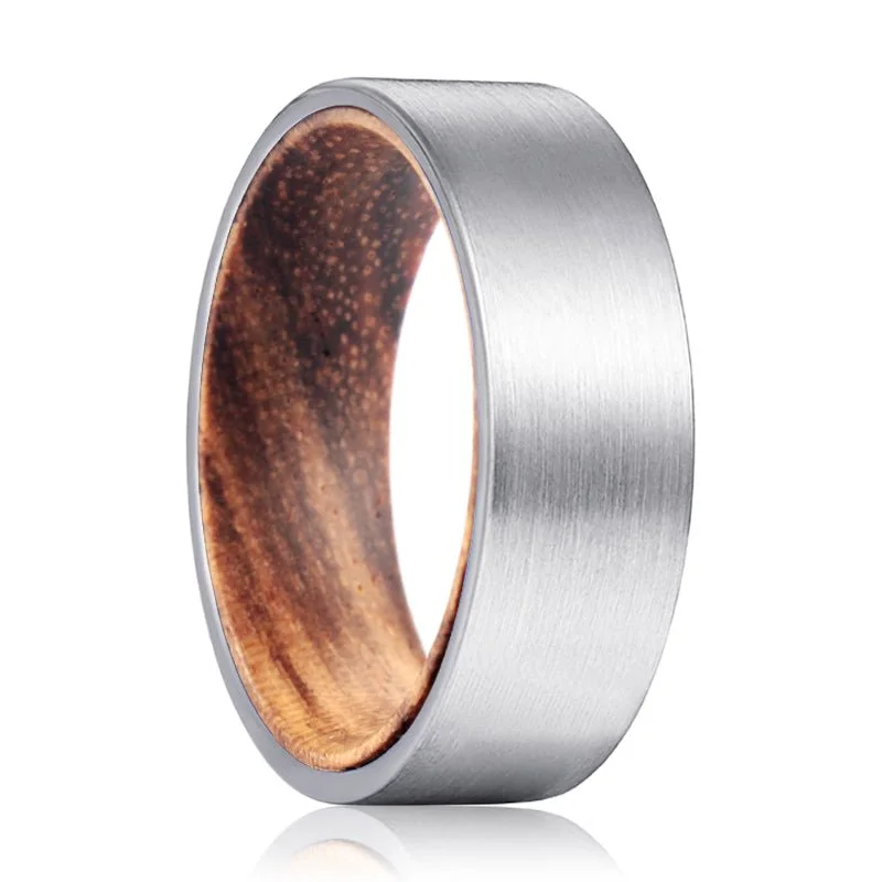 luxury rings for women-ESCOTT | Zebra Wood, Silver Tungsten Ring, Brushed, Flat