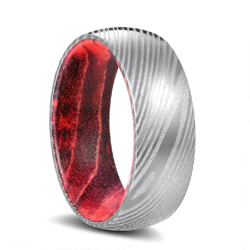 emerald rings for women-TEMPLAR | Black & Red Wood, Silver Damascus Steel, Domed