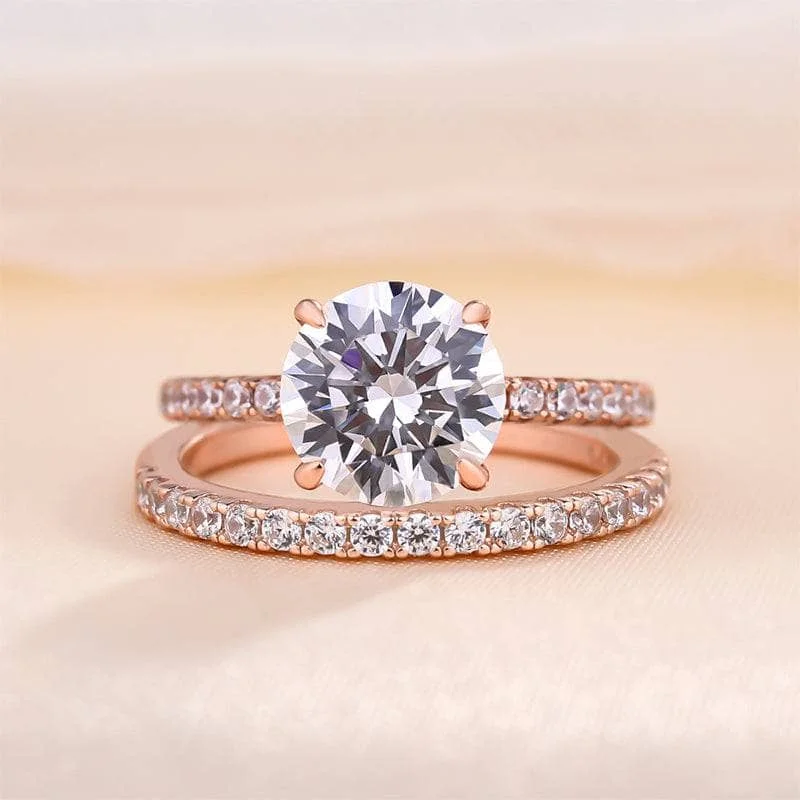 round cut engagement rings-Classic Rose Gold Round Cut Wedding Ring Set