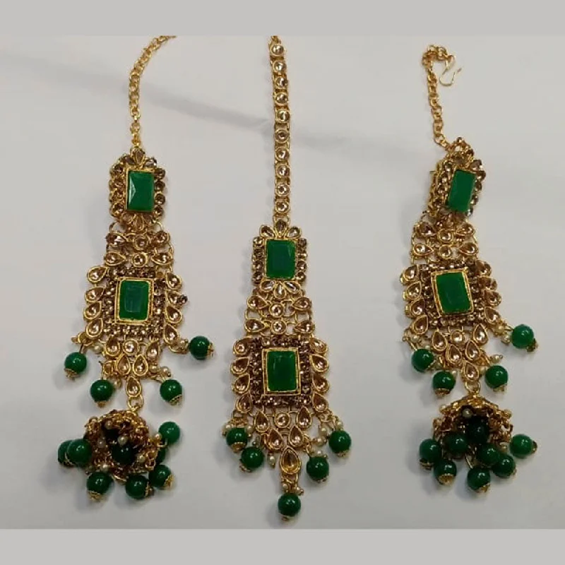 cute earrings for women-Kumavat Jewels Kundan Stone & Beads Dangler Earrings With Maang Tikka