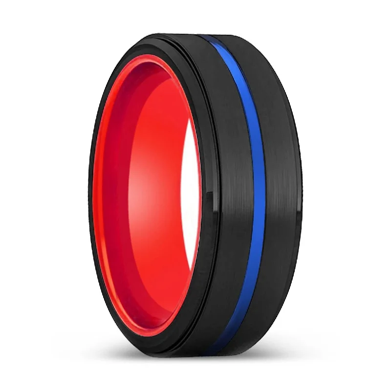 anniversary rings for women-MONK | Red Ring, Black Tungsten Ring, Blue Groove, Stepped Edge