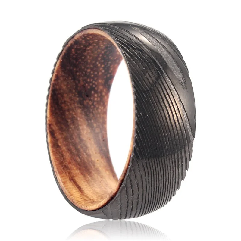 eternity rings for women-NEWON | Zebra Wood, Gunmetal Damascus Steel Ring, Domed