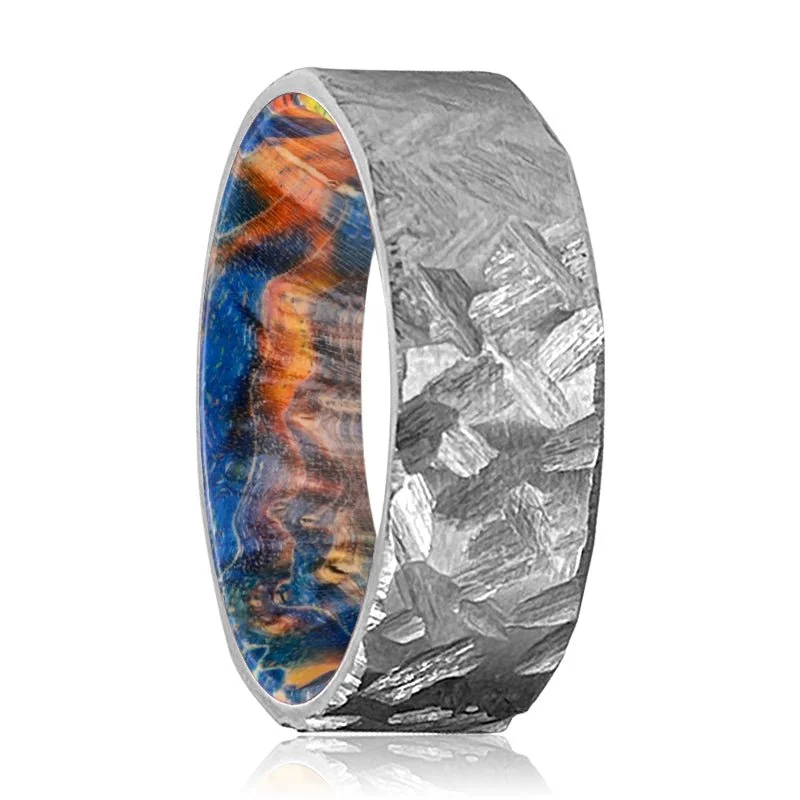 birthstone rings for women-GRANTHAM | Blue & Yellow/Orange Wood, Silver Titanium Ring, Hammered, Flat