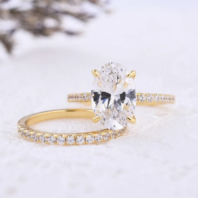 oval engagement rings-Yellow Gold Oval Cut Simulated Diamond Wedding Ring Set