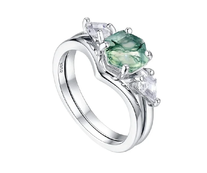 solitaire engagement rings for brides-Hexagon Natural Moss Agate Engagement Ring Set