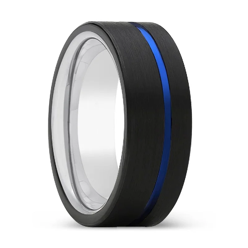 silver gemstone rings for women-MOMENTO | Silver Ring, Black Tungsten Ring, Blue Offset Groove, Flat